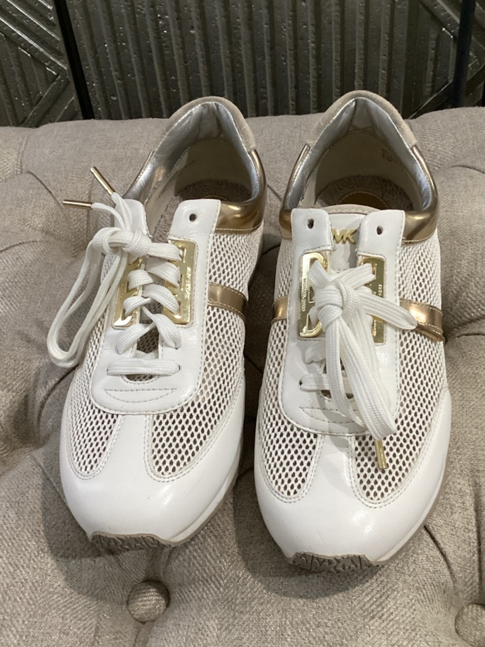 Michael Kors White and Gold Mesh Sneakers